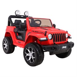 Jeep Wrangler Rubicon Red med 4 x 12V motor, lædersæde og gummihjul.